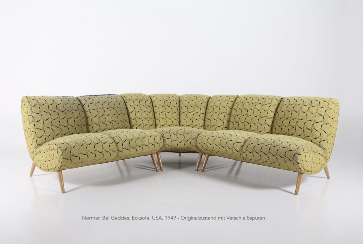 Norman Bel Geddes, Ecksofa, USA, 1949 - gelber Bezug, verschmutzt, Originalzustand mit Verschleißspuren