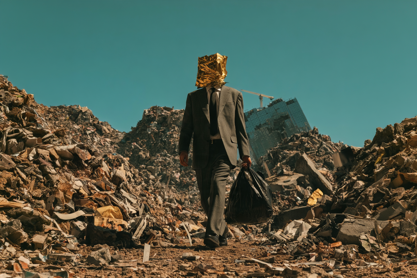Ein Mann im grauen Anzug mit einer goldenem, glänzenden Folie im Gesicht geht über eine Schutt- und Müllhalde, in der Hand einen schwarzen Müllsack. Im Hintergrund ragt ein halb verfallenes Hochhausgerüst mit Baukran schief in einen türkisfarbenen Himmel.