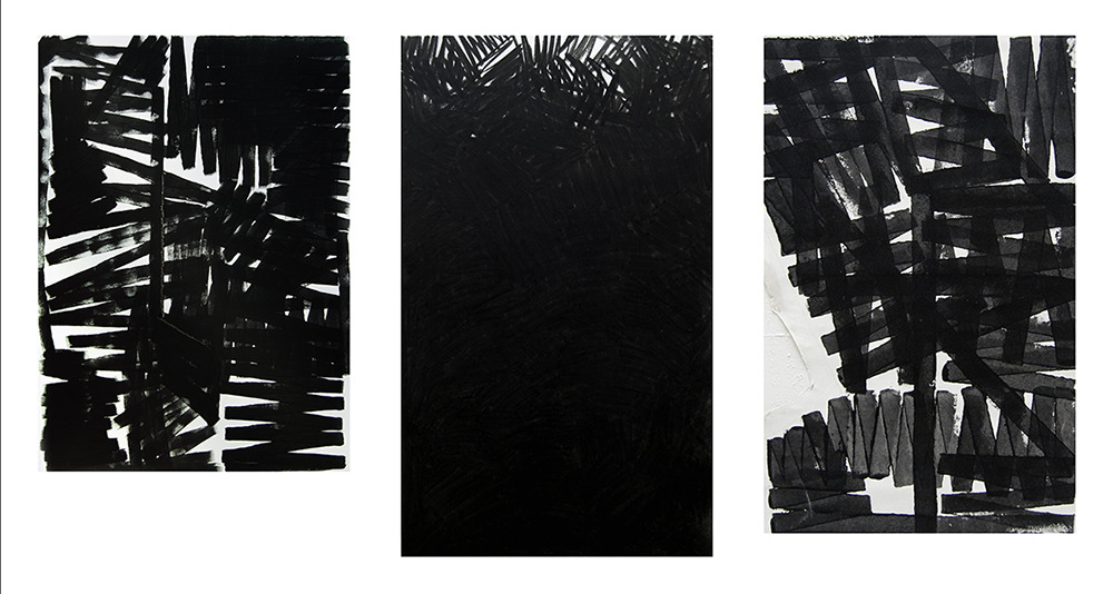 Konsequent I - III, 2017, Acrylfarbe auf Papier, 45 x 110 cm, Kohle auf Papier, 61 x 84 cm, Acrylfarbe auf Leinwand 72 x 115 cm 