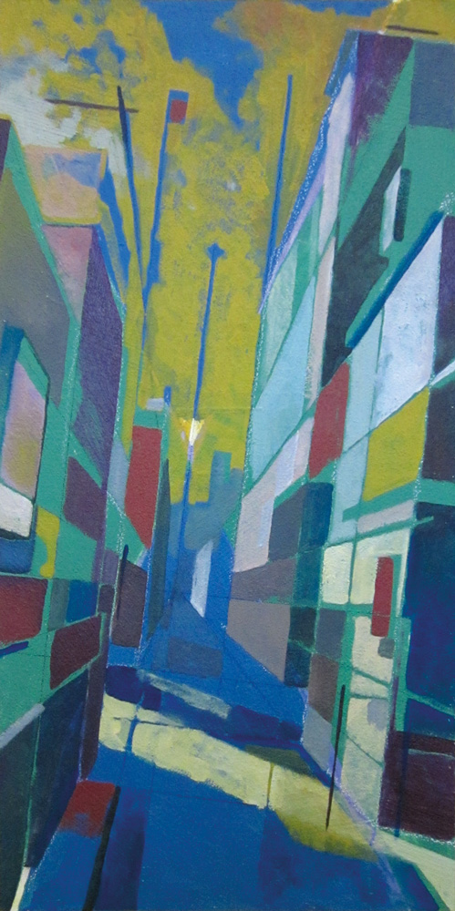 räume 6 ( Stadt, Straße) , 2014, Silikatfarbe, Acrylfarbe und Kohle auf MDF, 86 x 43 cm , unvollendet