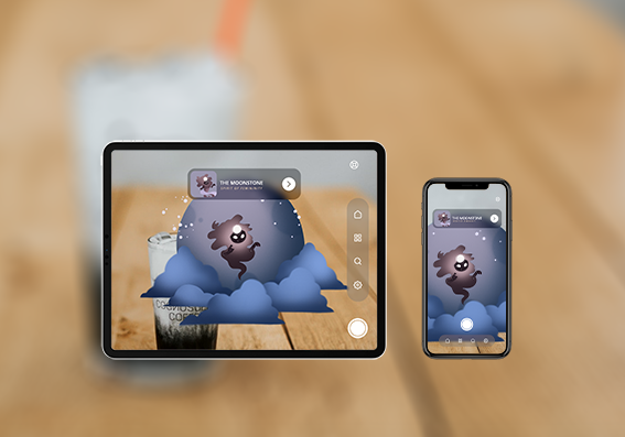 Die AR-Funktion der Applikation Ansicht der AR-Funktion mit Charakter-Thema "Mondstein"