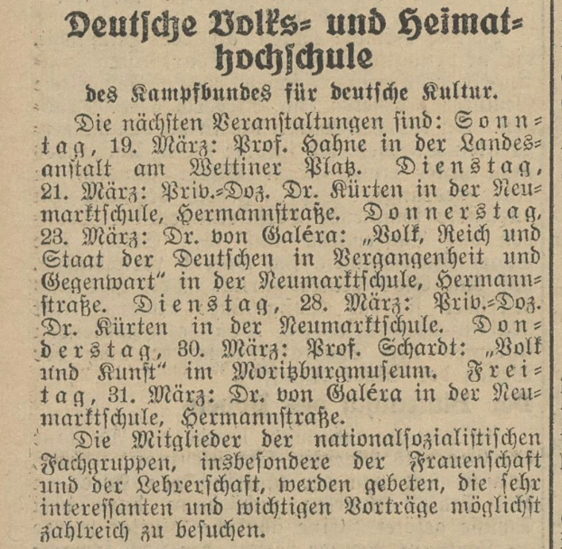 Zeitungsausschnitt in Frakturschrift mit dem Titel "Deutsche Volks- und Heimathochschule des Kampfbundes für deutsche Kultur", darunter werden geplante Vortragstätigkeiten aufgeführt