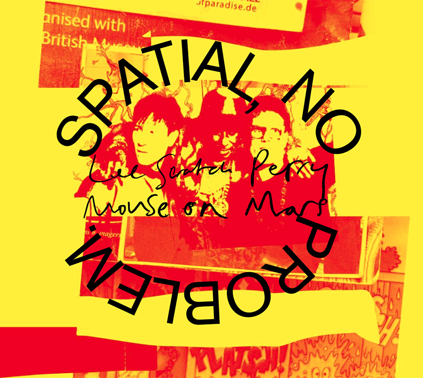 Cover des Albums "Spatial, No Problem", von Lee „Scratch“ Perry und Mouse on Mars. Das Cover zeigt die Künstler in rot auf gelb