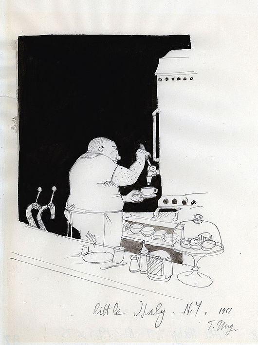 Tomi Ungerer (*1931), 1961, «little Italy N. Y.», Bleistift und Tusche auf Papier, Sammlung Karikaturen & Cartoons, Basel