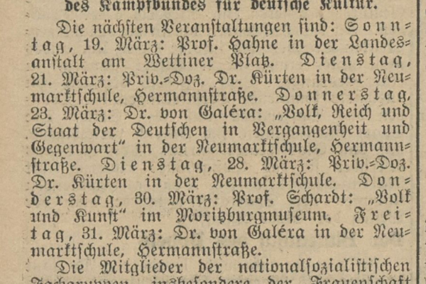 Zeitungsausschnitt in Frakturschrift mit dem Titel "Deutsche Volks- und Heimathochschule des Kampfbundes für deutsche Kultur", darunter werden geplante Vortragstätigkeiten aufgeführt