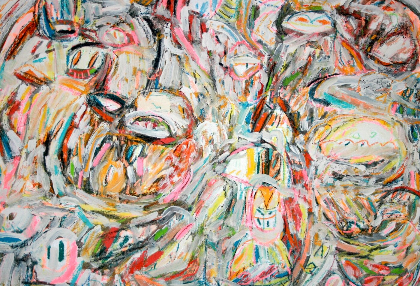 Versammlung, 2016, Acrylfarbe/Pastellkreide auf Leinwand, 65 x 90 cm