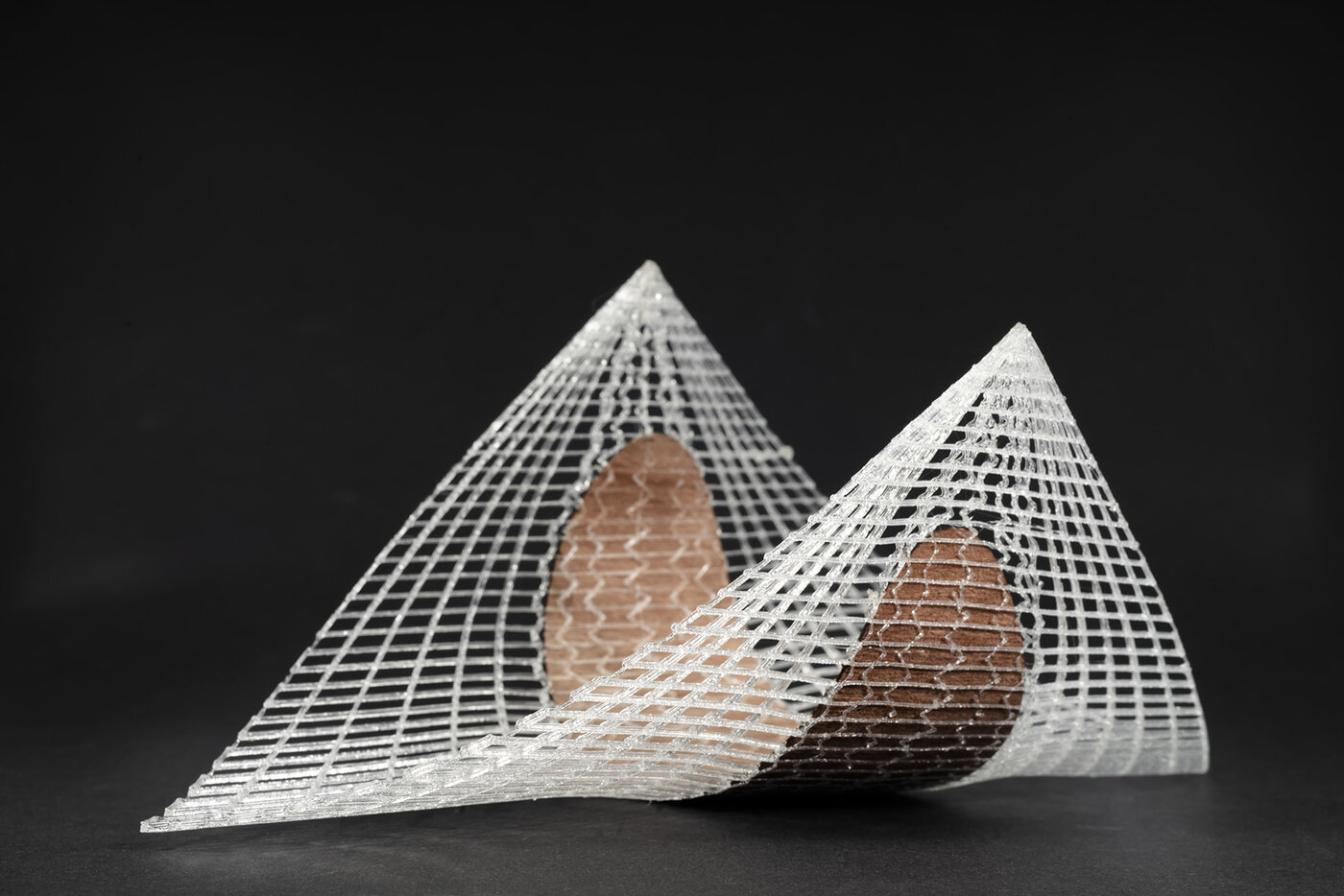 ein Holzstück wurde von einem 3D-gedrucktem Netz eingedruckt, zusammen verformt/biegt es sich bei Feuchtigkeit