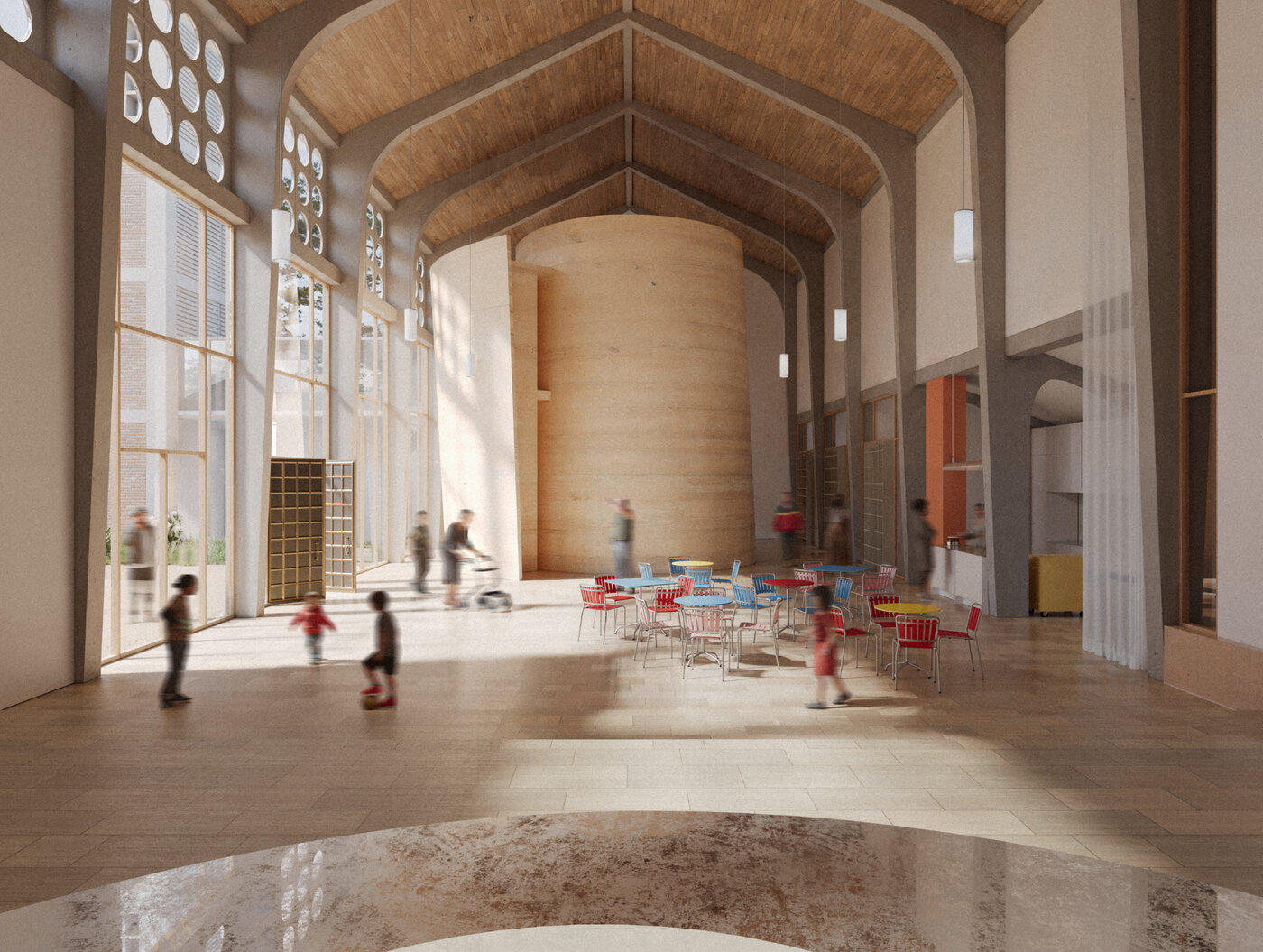 Rendering des Kircheninnenraumes mit Personen