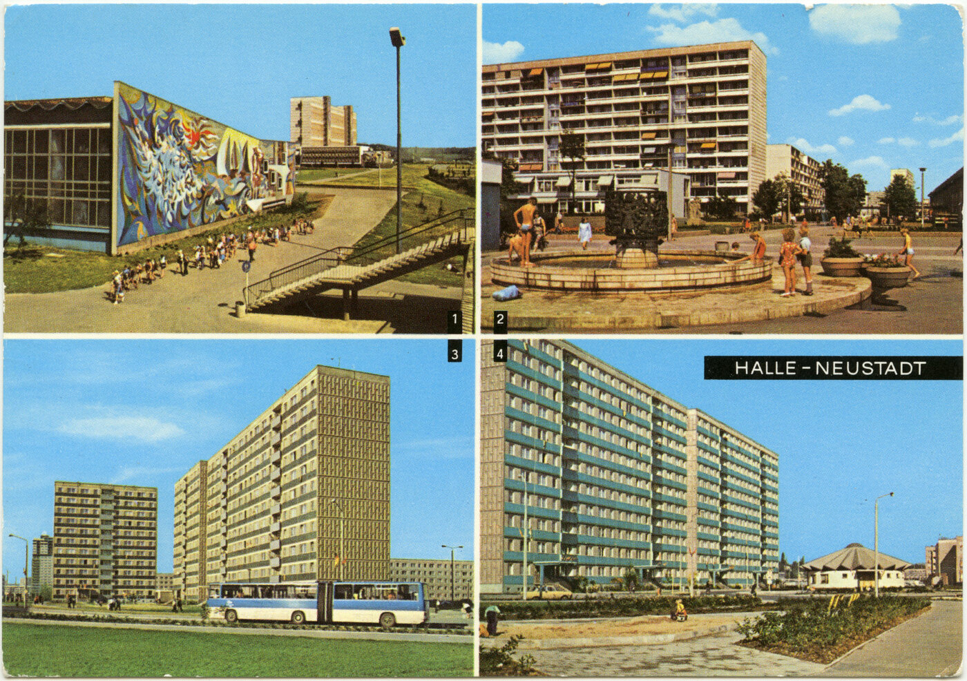 Auf einer Postkarte sind vier farbige Fotografien von Architektur in Halle-Neustadt angeordnet.
