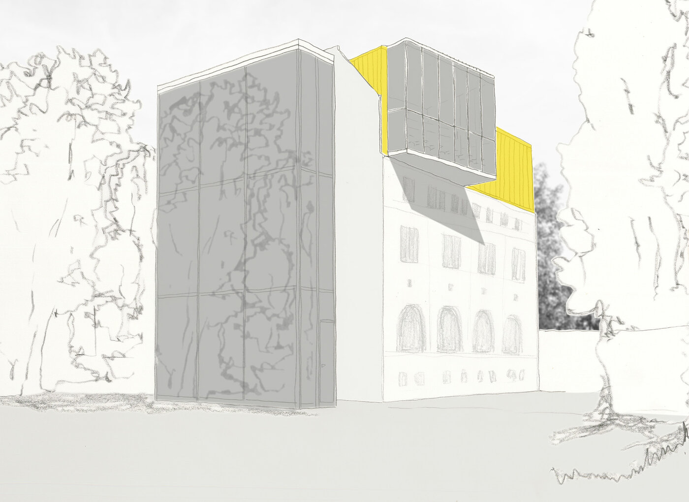 Axonometrische Darstellung des Gebäudes mit neuem Dach und Treppenhausanbau