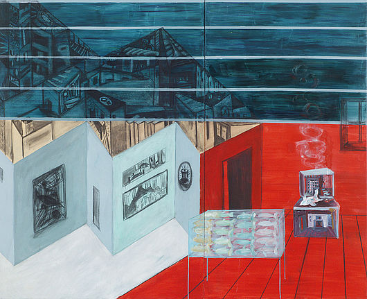 Peggy Kleinert, „Schachtelwelt“, Mischtechnik auf Baumwolle, 220 x 270 cm, 2003