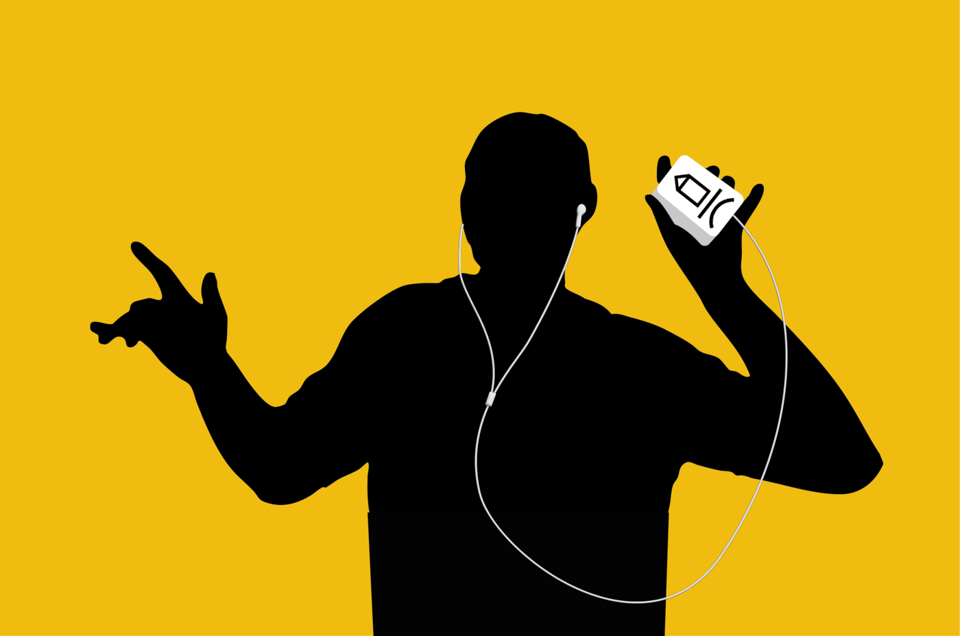 Grafik im Stil einer iPod-Werbung: Vor gelbem Hintergrund ist die schwarze Silhouette einer Person mit weißen Kabel-Kopfhörern zu sehen. Die Person hält in einer Hand ein Gerät mit einem Burg Logo darauf – eine visuelle Anspielung auf Audio und Kreativität. Die andere Hand ist lässig erhoben, als würde sie zur Musik tanzen.