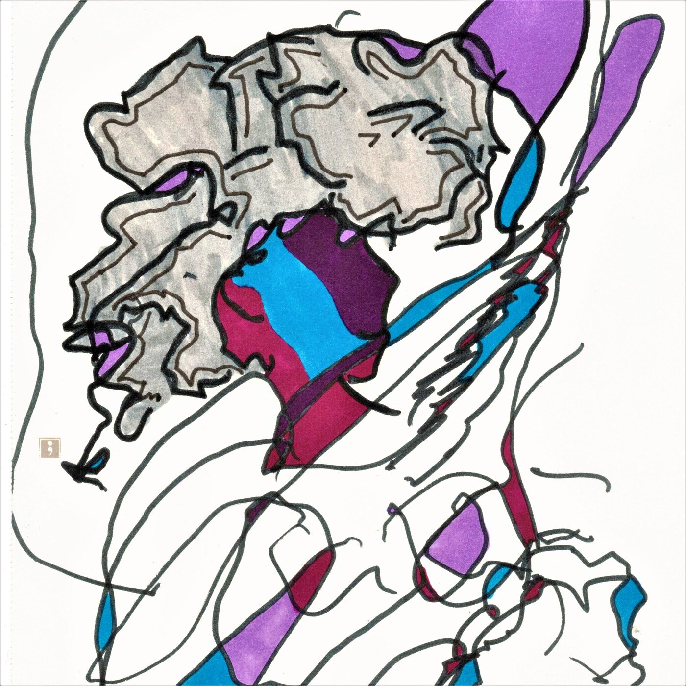 Abstrakte Zeichnung mit schwarzen, geschwungenen Linien und unregelmäßigen Flächen in Grau, Blau, Lila und Rot auf weißem Hintergrund. Die Linien überkreuzen sich und bilden ein komplexes Muster ohne klare Formen.