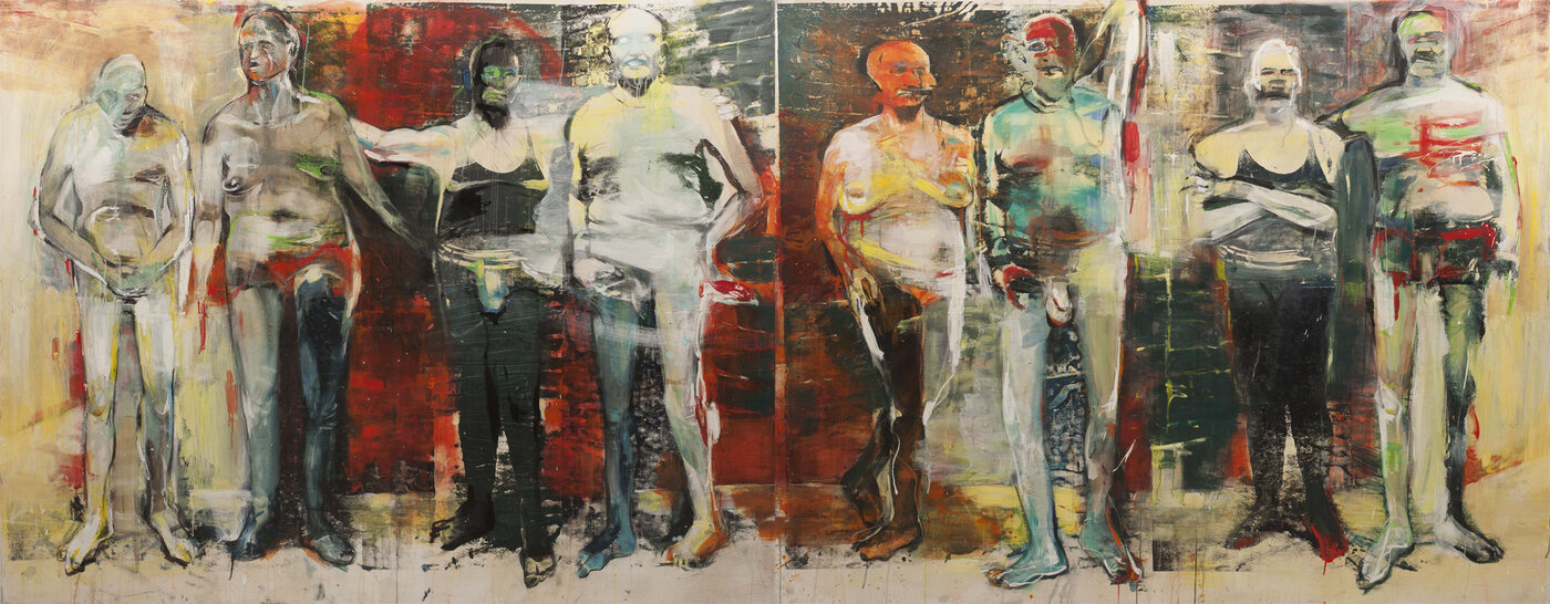 Undine Bandelin, „Ausgang“, Siebdruck/Mischtechnik auf Leinwand, 180 x 460 cm (zweiteilig), 2010, Foto: Phillip Hiersemann