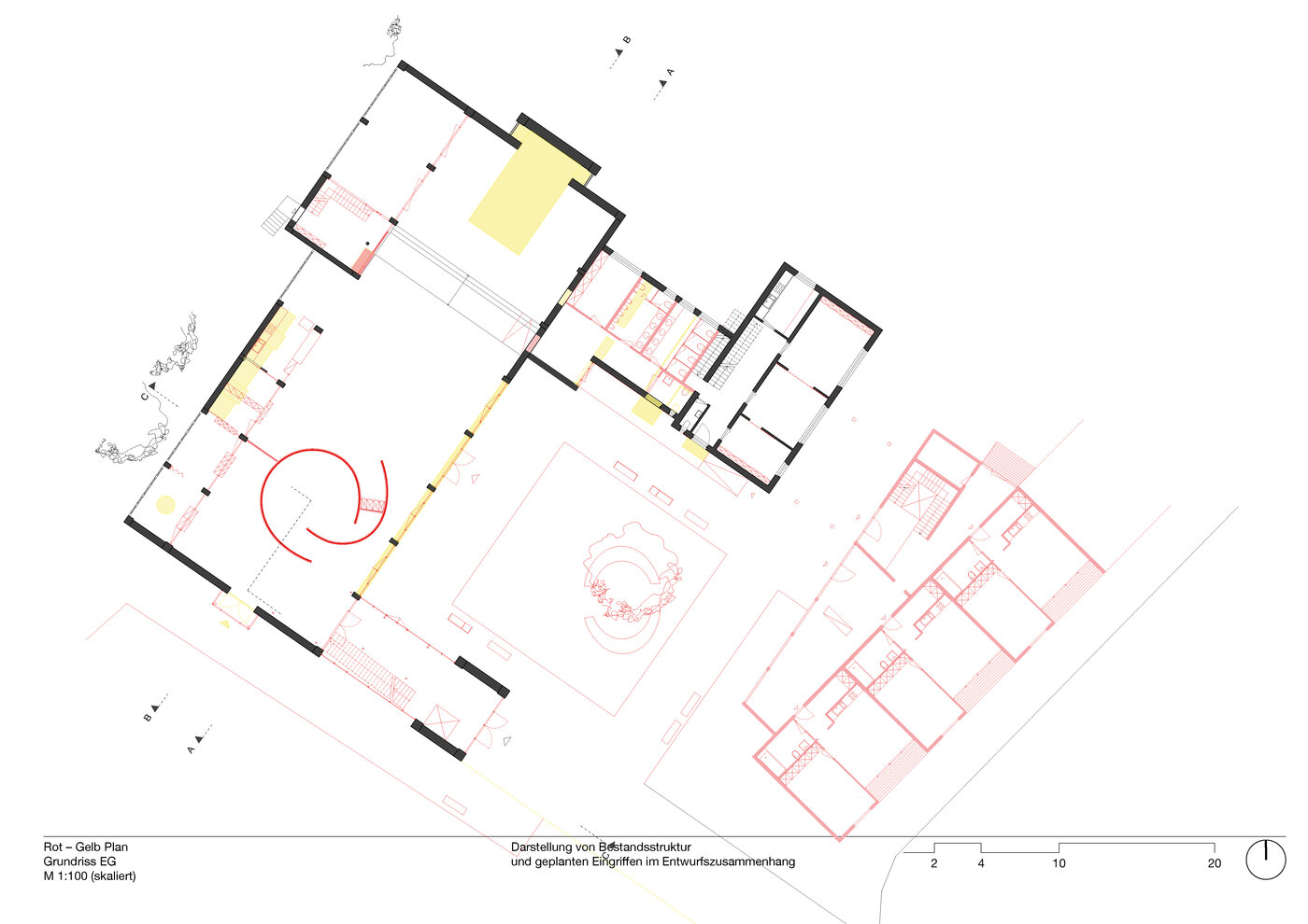 Grundriss mit abzureissenden und neu zu baueneden Bauteilen