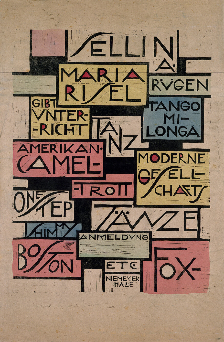 Werbeplakat »Maria Risel gibt Tanzunterricht«, 1922 Gestaltung: Johannes Niemeyer Repro: Hochschularchiv Burg Giebichenstein Kunsthochschule Halle Holzschnitt auf hellbraunem Packpapier, mehrfarbig aquarelliert 52 x 80 cm