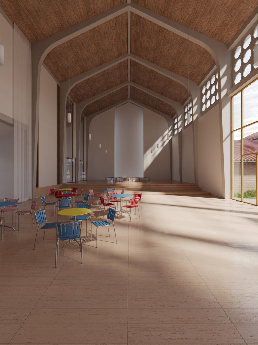 Rendering in die andere Richtung des Kircheninnenraumes
