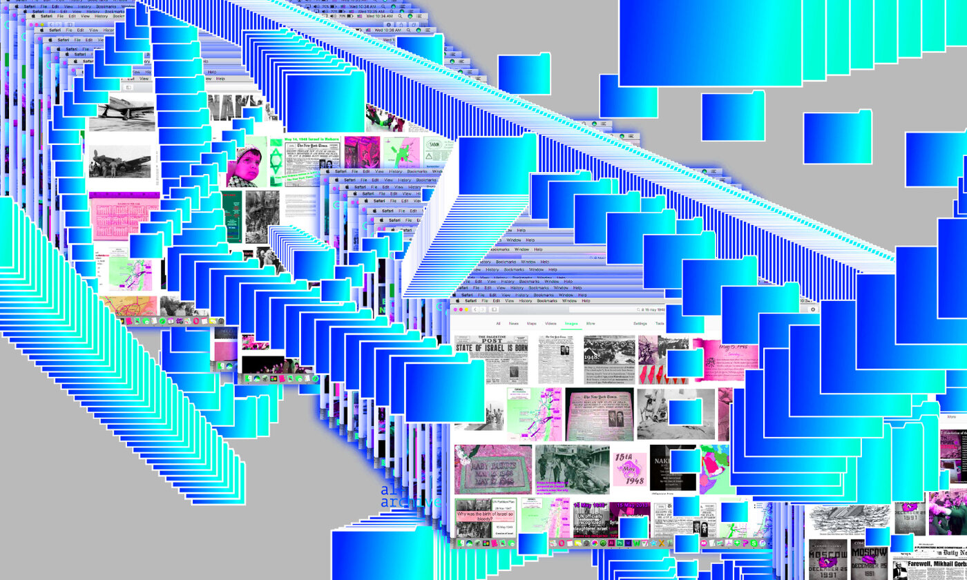 Collage aus kreuz und quer räumlich angeordneten Stapeln von Piktogrammen für Dokumente und Screenshots  mit Fotografien, Zeitungsausschnitten etc.