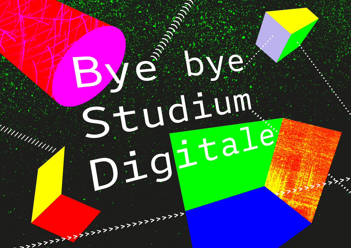 Bunte Grafikelemente auf schwarzem Hintergrund, Text "Bye bye Studium Digitale"