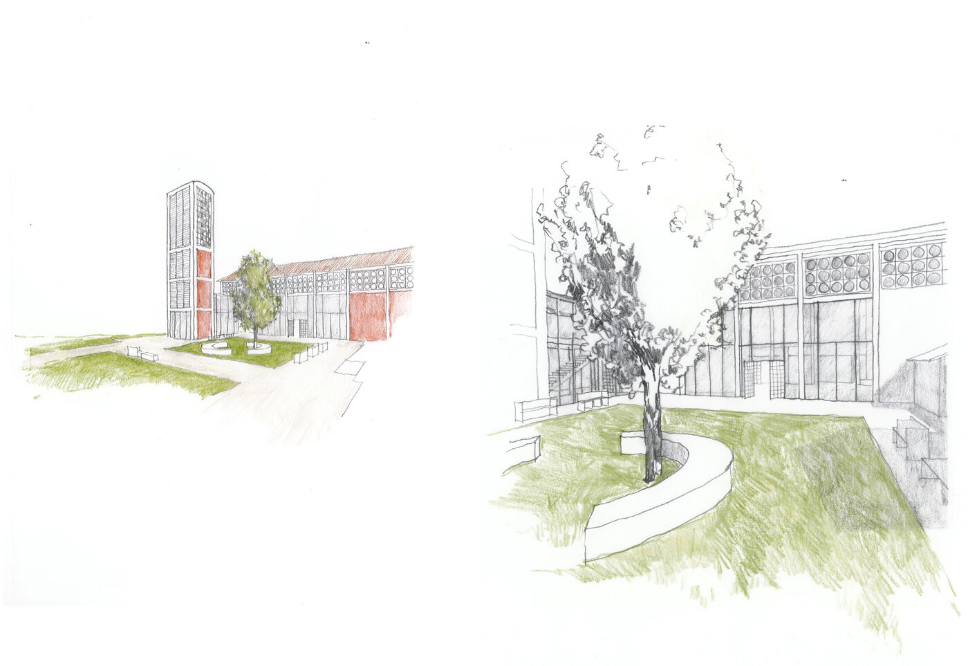 Handskizze des Hofraumes mit Bäumen und Wiese