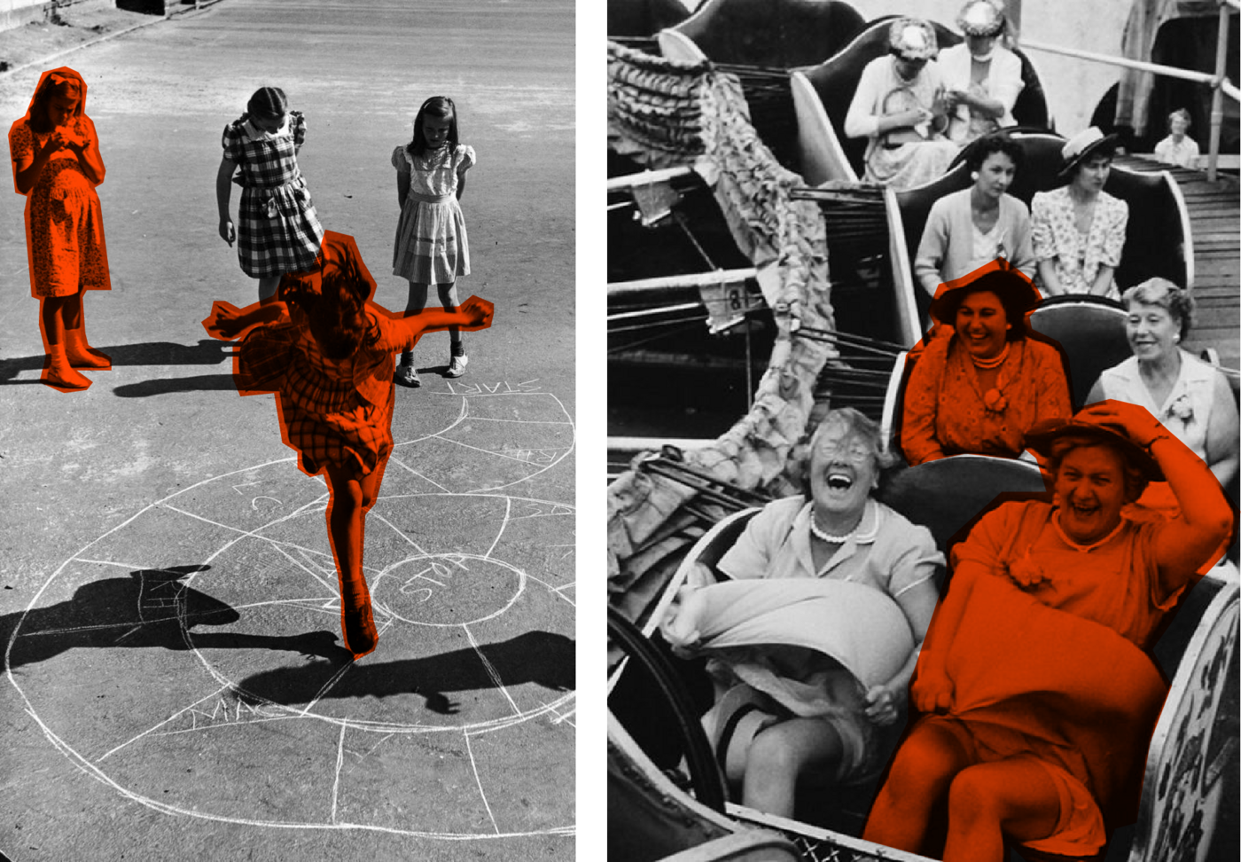 Schwarz-weiße Fotomontage, links und rechts farblich akzentuiert in Orange: Links springt ein Mädchen beim Hüpfekästchen-Spiel auf einer Straße, im Hintergrund zwei weitere Mädchen. Rechts lachen mehrere ältere Frauen in einem Fahrgeschäft auf einem Jahrmarkt.