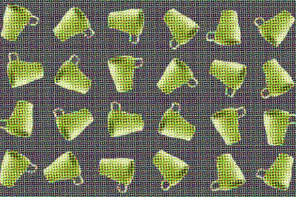 Auf einem augferastertern grauen Grund sehen wir eine Anordnung gelb-grüner Tassen, die jeweils in einem anderen Winkel gedreht wurden.