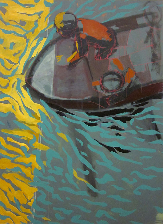 Drei in einem Boot / leise aber sicher, 2014, Acrylfarbe und Kreide auf Leinwand, 185 x 135 cm