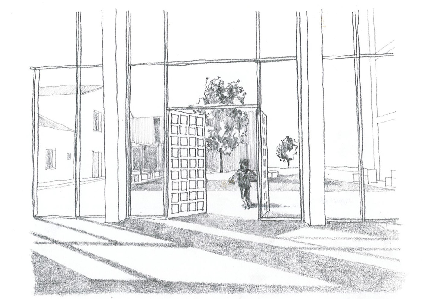 Skizze, Blick durch die Glasfassade in den Innenhof