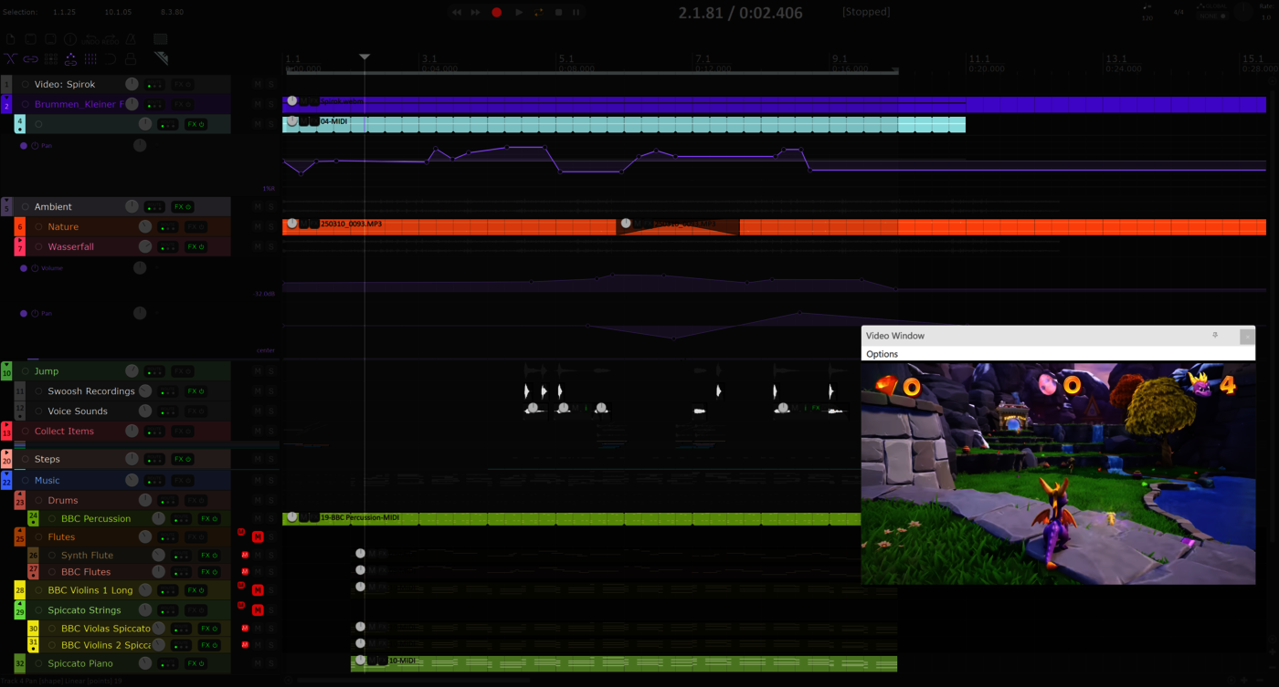 Fenster der DAW Reaper mit einem Video-Fenster in dem das Spiel Spiro The Dragon zu sehen ist.