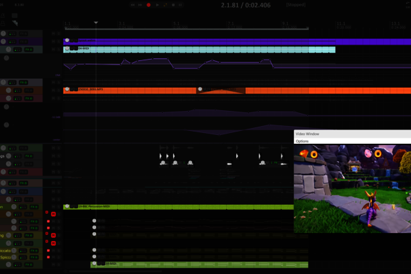Fenster der DAW Reaper mit einem Video-Fenster in dem das Spiel Spiro The Dragon zu sehen ist.