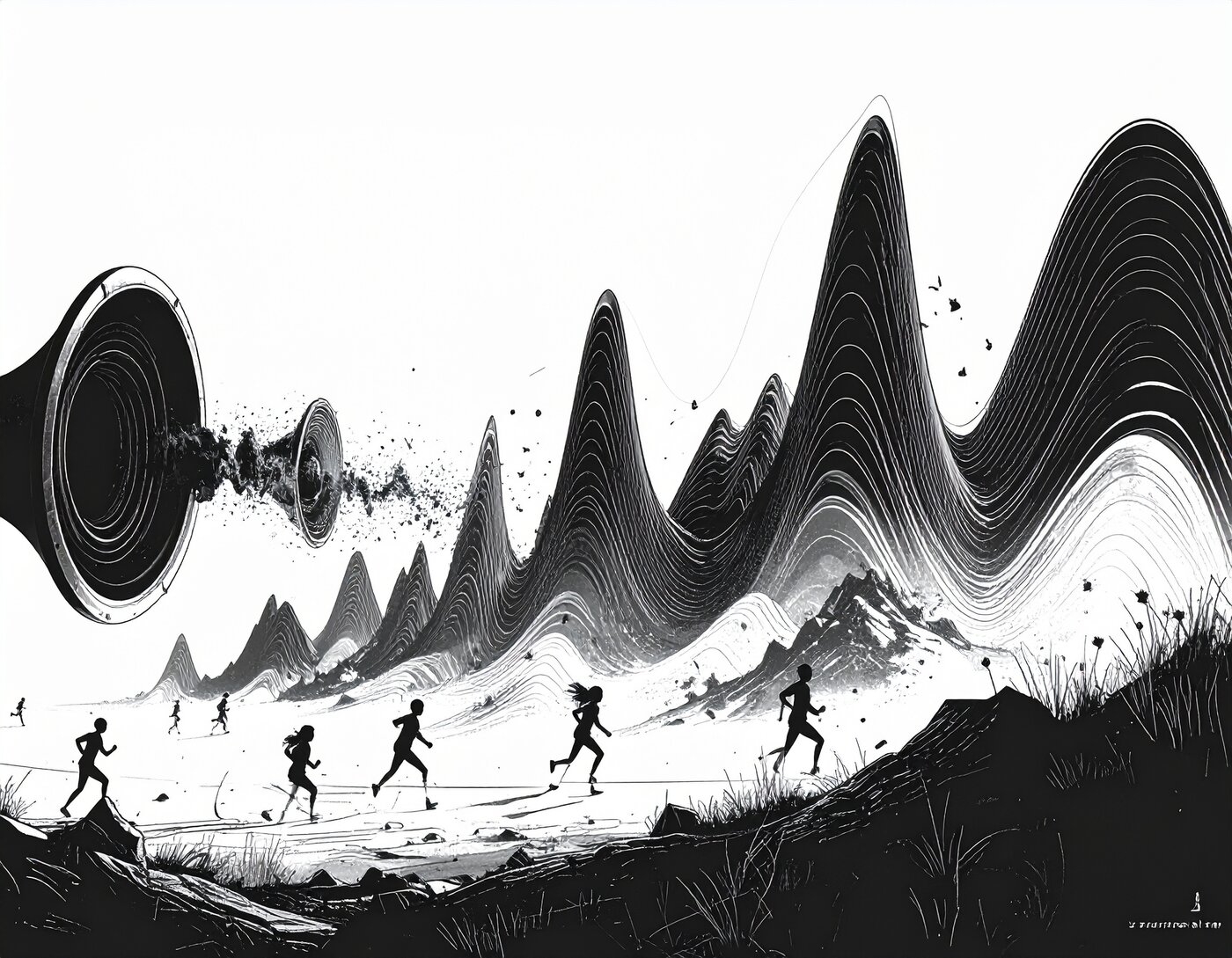 Eine Schallquelle, aus der dynamische Schallwellen strahlen. Diese Wellen verwandeln sich in eine 2D-Landschaft mit klaren, schwarzen Linien auf weißem Hintergrund. In der Landschaft rennen Charaktere.