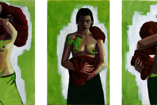 Drei Malereien mit Selbstportraits und Darm