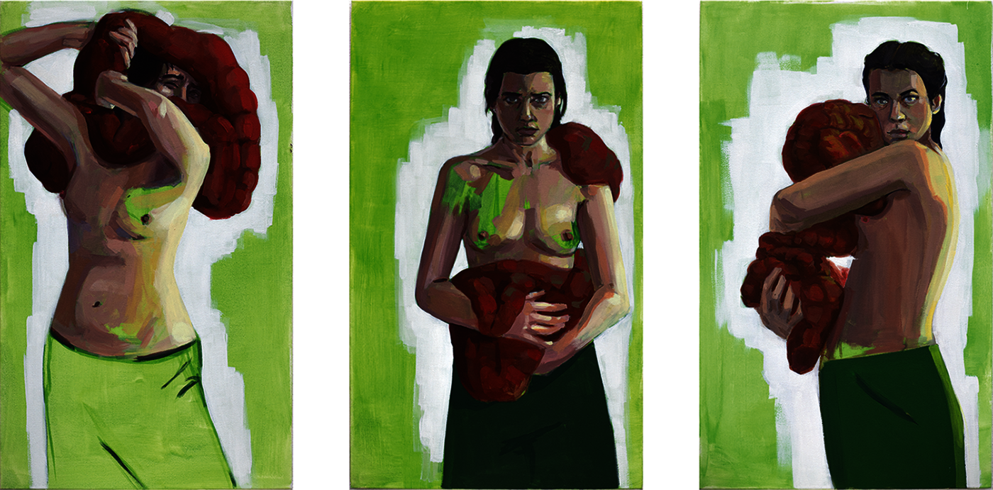 Drei Malereien mit Selbstportraits und Darm