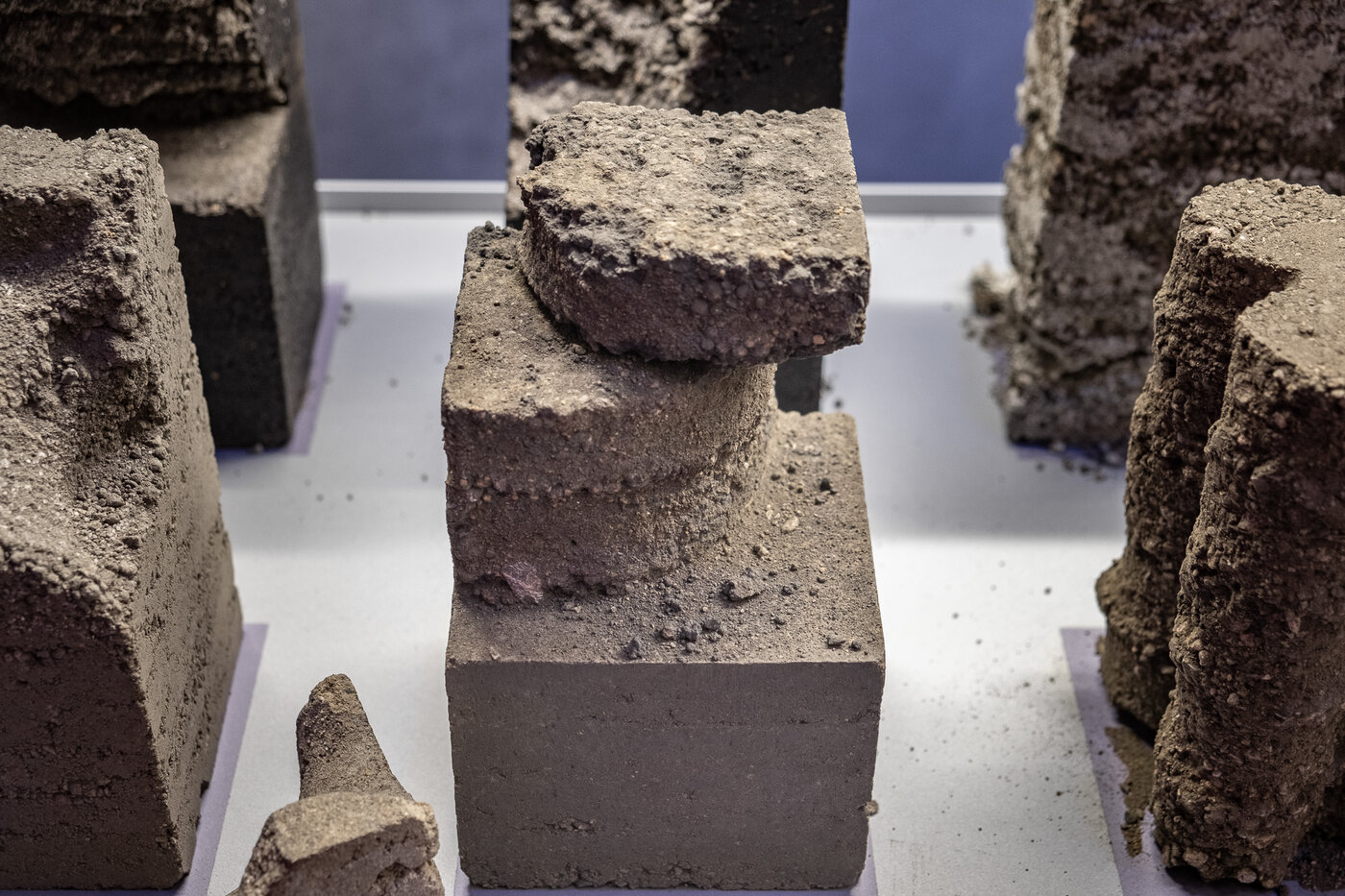 Feiner Lehm (grau, erdfeucht) durch Stampfen verdichtet mit Stützstruktur aus trockenem Lehm (fein, natur)