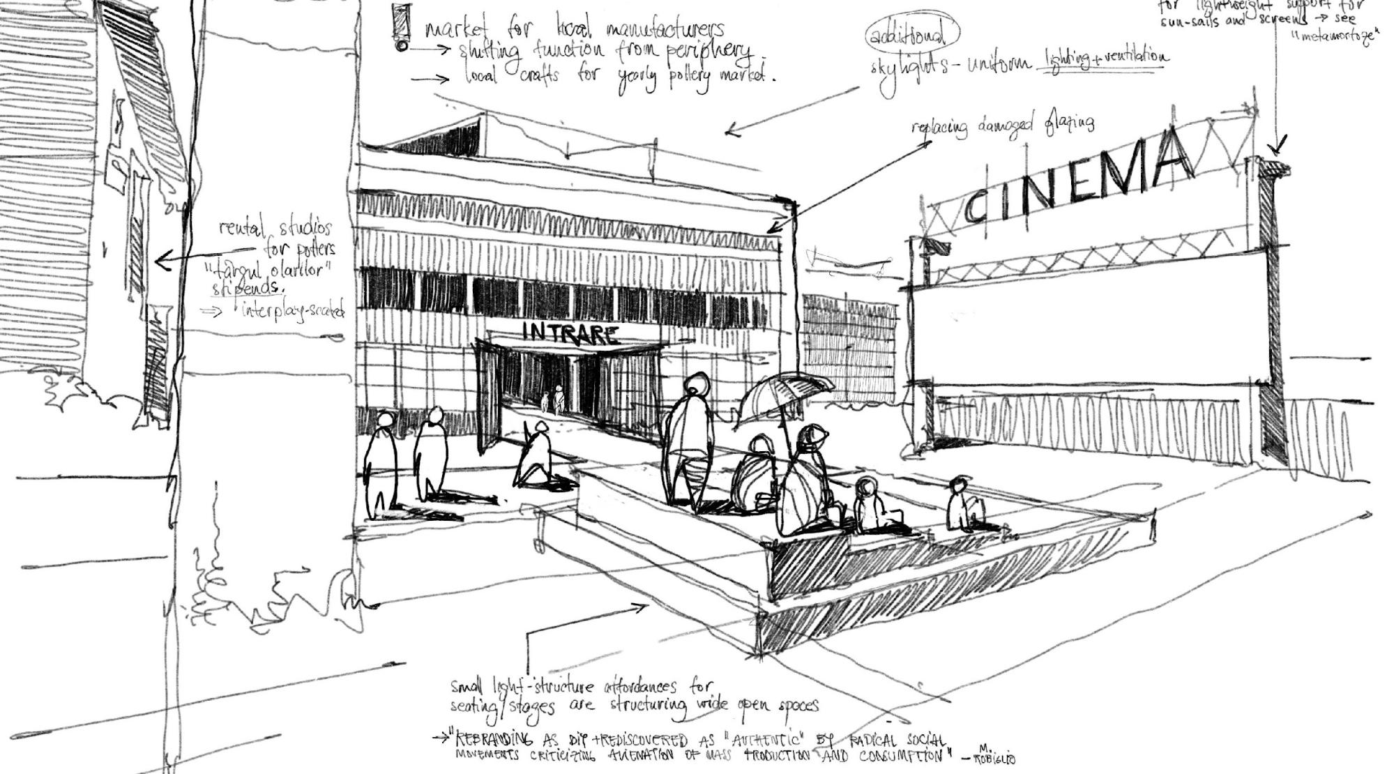 Annotated hand drawing encompassing design and thought protocols.